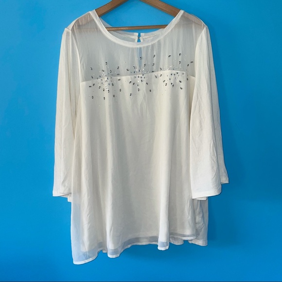 Lane Bryant White Gem Bead Rhinestone Pattern Blouse 3/4 Sleeves Winter 22/24 - Picture 2 of 11